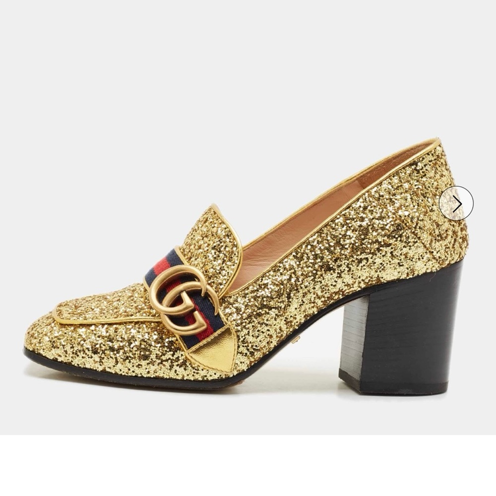 Gucci Glitter Gold Loafers with Red Heart and Blue Stripe - Picture 2 of 11